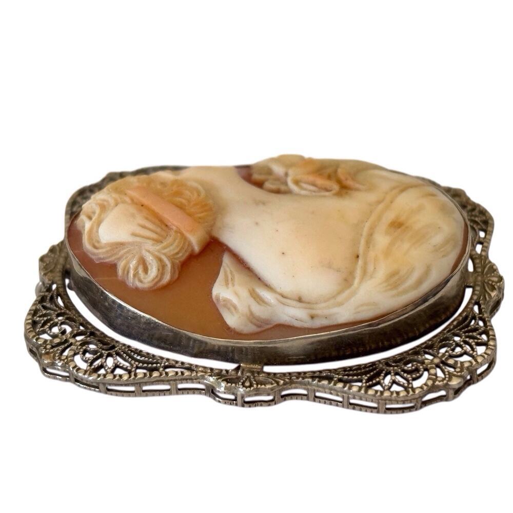 Antique Carved Cameo Shell 14K White Gold Filigree Brooch Pin Pendant 33 X 41mm - Picture 8 of 9